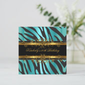 30th誕生日パーティーゼブラティール（緑がかった色）ブルー金ゴールドブラック 招待状 (スタンド正面)