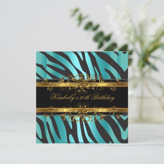 30th誕生日パーティーゼブラティール(緑がかった色)ブルー金ゴールドブラック 招待状 (スタンド正面)
