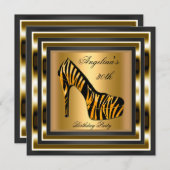 30th誕生日パーティーゼブラワイルドブラック金ゴールドシューズ 招待状 (正面/裏面)