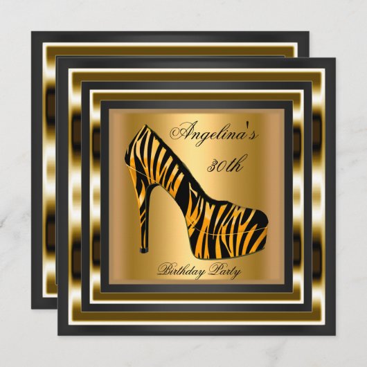 30th誕生日パーティーゼブラワイルドブラック金ゴールドシューズ 招待状 (正面/裏面)