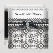 30th誕生日パーティーダマスク白黒パール 招待状 (正面/裏面)