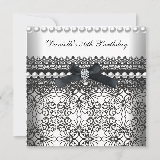 30th誕生日パーティーダマスク白黒パール 招待状 (正面)