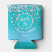 30th誕生日パーティーティール（緑がかった色）ブルーグリッター 缶クーラー (裏面)