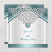 30th誕生日パーティーティール(緑がかった色)ブルーホワイトダイヤモンド 招待状 (正面/裏面)