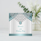 30th誕生日パーティーティール(緑がかった色)ブルーホワイトダイヤモンド 招待状 (スタンド正面)