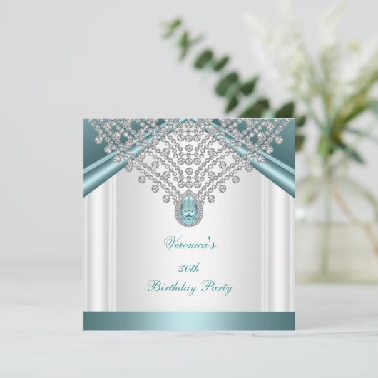 30th誕生日パーティーティール(緑がかった色)ブルーホワイトダイヤモンド 招待状 (スタンド正面)