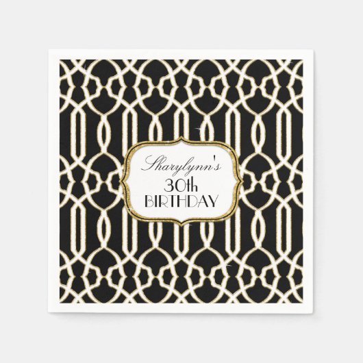30th誕生日パーティーデコールトレリスアートブラック金ゴールド スタンダードカクテルナプキン (正面)
