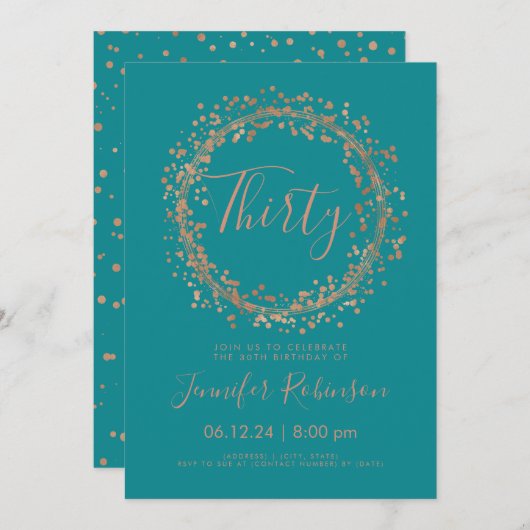30th誕生日パーティーバラ金ゴールドティール(緑がかった色)紙吹雪 招待状 (正面/裏面)