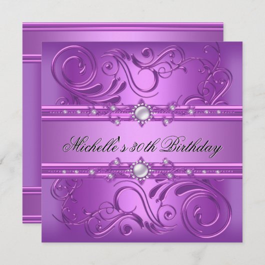 30th誕生日パーティーパープルピンクパールジュエルフローラ 招待状 (正面/裏面)