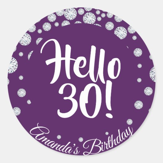 30th誕生日パーティーパープルhello 30ネームダイヤモンド ラウンドシール (正面)