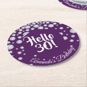 30th誕生日パーティーパープルhello 30ネームダイヤモンド ラウンドペーパーコースター (アングル)