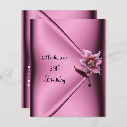 30th誕生日パーティーピンクシルクフローラジュエル 招待状 (正面/裏面)