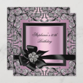 30th誕生日パーティーピンクシルバーブラックボウ 招待状 (正面/裏面)