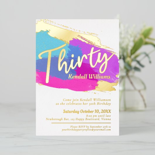30th誕生日パーティーフォイル金ゴールドフォト抽象芸術アート 箔招待状 (立ち正面)
