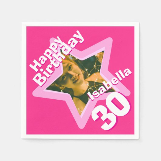 30th誕生日パーティーフォトスター熱いピンクのナプキン スタンダードカクテルナプキン (正面)