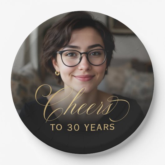 30th誕生日パーティーフォト金ゴールドスクリプト応援 ペーパープレート (正面)