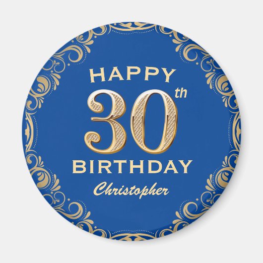 30th誕生日パーティーブルーと金ゴールドグリッターフレーム マグネット (正面)