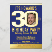 30th誕生日パーティーブルー金ゴールドフォイル写真 箔招待状 (正面)