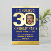 30th誕生日パーティーブルー金ゴールドフォイル写真 箔招待状 (立ち正面)