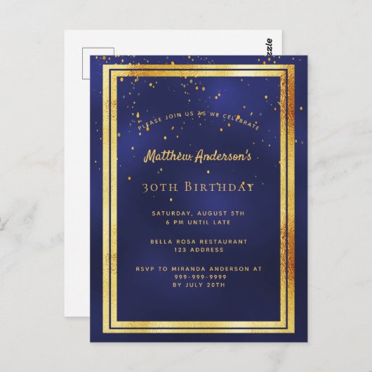 30th誕生日パーティーブルー金ゴールド光沢のある招待 ポストカード (正面/裏面)