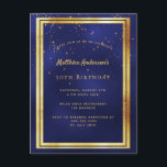 30th誕生日パーティーブルー金ゴールド光沢のある招待 ポストカード<br><div class="desc">トレンディーモダン30歳の誕生日パーティの招待状カー男性へド、男、男性。紺色の紺色。青い色が不均一だ。金ゴールドの枠と金フェイクの紙吹雪を振りかけるとともに、黄金色の文字。テンプレートのパーティー情報。戻る：普通郵便デザイン。</div>