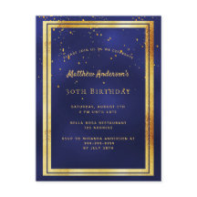 30th誕生日パーティーブルー金ゴールド光沢のある招待
