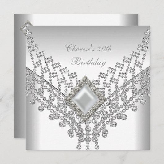 30th誕生日パーティーホワイトパールダイヤモンドジュエル 招待状 (正面/裏面)