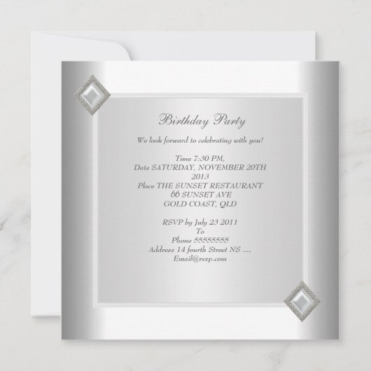 30th誕生日パーティーホワイトパールダイヤモンドジュエル 招待状 (裏面)