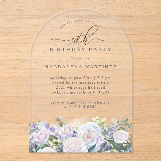 30th誕生日パーティーホワイトローズブルーフローラアーチ アクリル招待状 (正面)