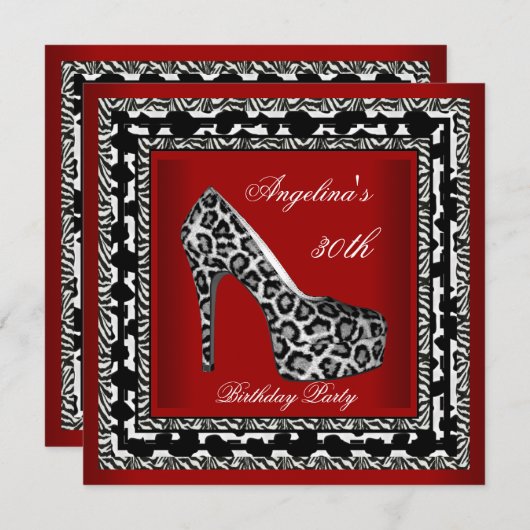 30th誕生日パーティーレオパード白黒赤 招待状 (正面/裏面)