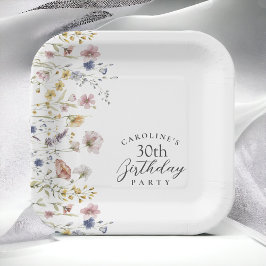 30th誕生日パーティーワイルドフラワーウォータカラーフローラ ペーパープレート