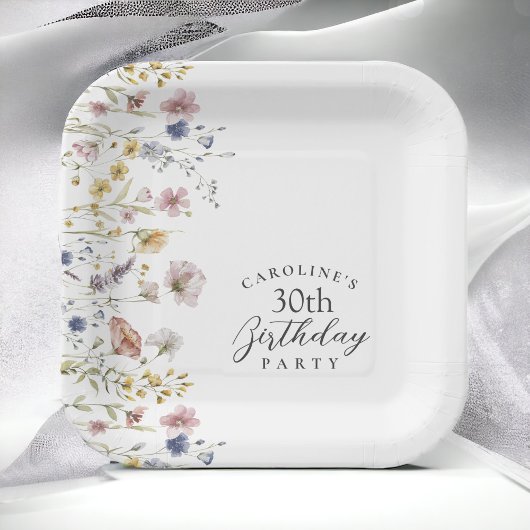 30th誕生日パーティーワイルドフラワーウォータカラーフローラ ペーパープレート