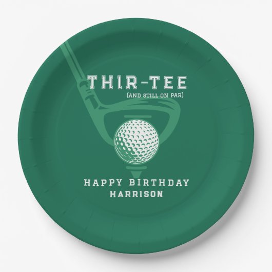 30th誕生日パーティー名前をカスタムするモダンゴルフグリーン ペーパープレート (正面)