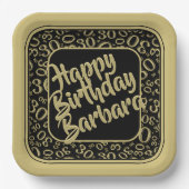 30th誕生日パーティー番号パターンブラック金ゴールド ペーパープレート (正面)