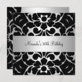 30th誕生日パーティー白黒シルバーフローラ 招待状 (正面/裏面)