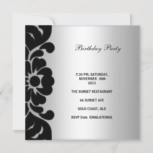 30th誕生日パーティー白黒シルバーフローラ 招待状 (裏面)