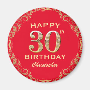 30th誕生日パーティー赤と金ゴールドグリッター枠 マグネット
