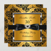 30th誕生日パーティー金ゴールドダマスクシルバーブラック 招待状 (正面/裏面)