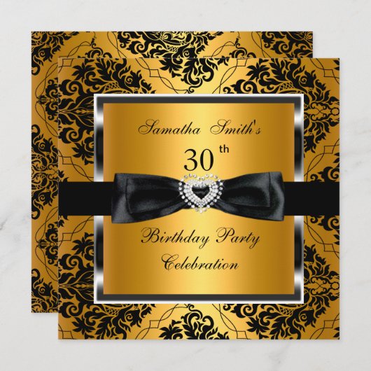 30th誕生日パーティー金ゴールドダマスクシルバーブラック 招待状 (正面/裏面)