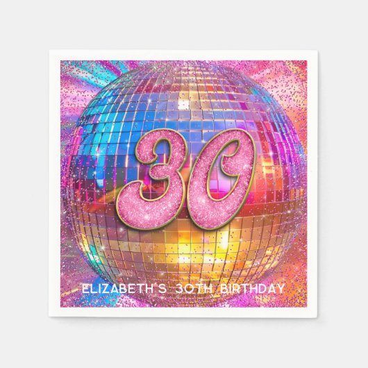 30th誕生日パーティー金ゴールドピンクグリッターディスコボール スタンダードカクテルナプキン (正面)