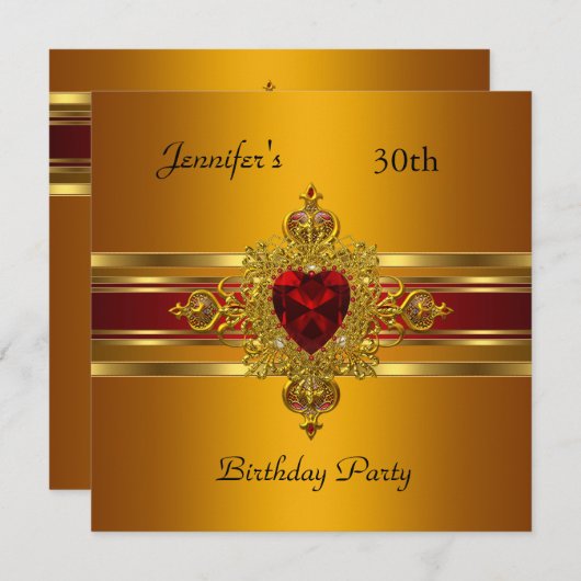 30th誕生日パーティー黄色金ゴールド赤い宝石 招待状 (正面/裏面)