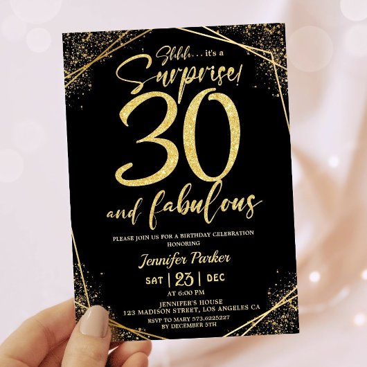 30th誕生日パーティー30素晴らしいブラック金ゴールドグリッター 招待状