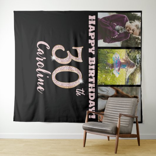 30th誕生日パーティー、バラ金ゴールドグリッターと3枚の写真 タペストリー (インサイチュ(横))