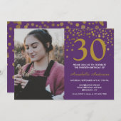 30th誕生日パープル金ゴールド紙吹雪写真モダン 招待状 (正面/裏面)