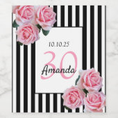 30th誕生日ピンクの花白黒ストライプ ワインラベル (シングルラベル)