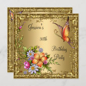30th誕生日ピンクフローラバタフライブロンズ金ゴールド 招待状 (正面/裏面)