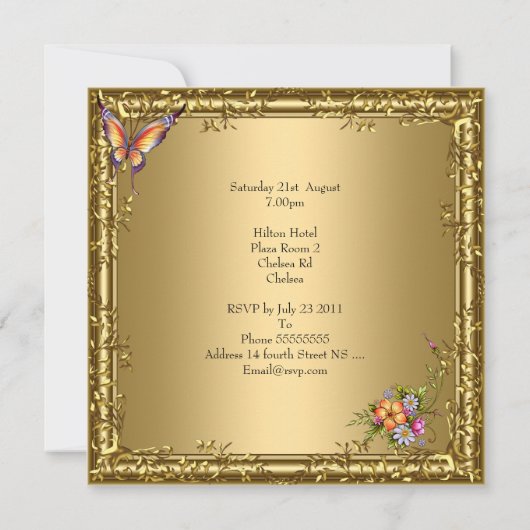 30th誕生日ピンクフローラバタフライブロンズ金ゴールド 招待状 (裏面)