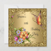 30th誕生日ピンクフローラバタフライブロンズ金ゴールド 招待状 (正面)