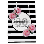 30th誕生日ピンクローズ白黒ストライプ ミディアムペーパーバッグ (裏面)