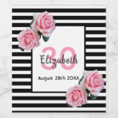 30th誕生日ピンクローズ白黒ストライプ ワインラベル (シングルラベル)